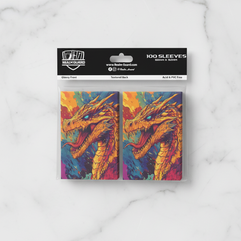 Packaging of card sleeves with dragon design on a white background