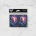 Packaging of card sleeves with space-themed design on a white background