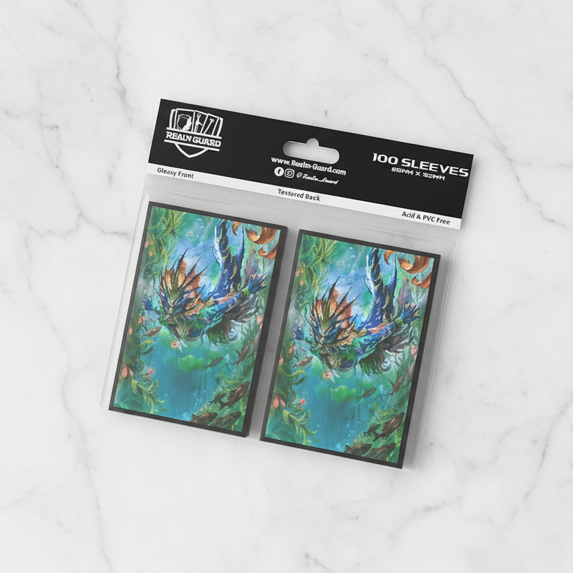 Pack of card sleeves with merfolk design on a white background