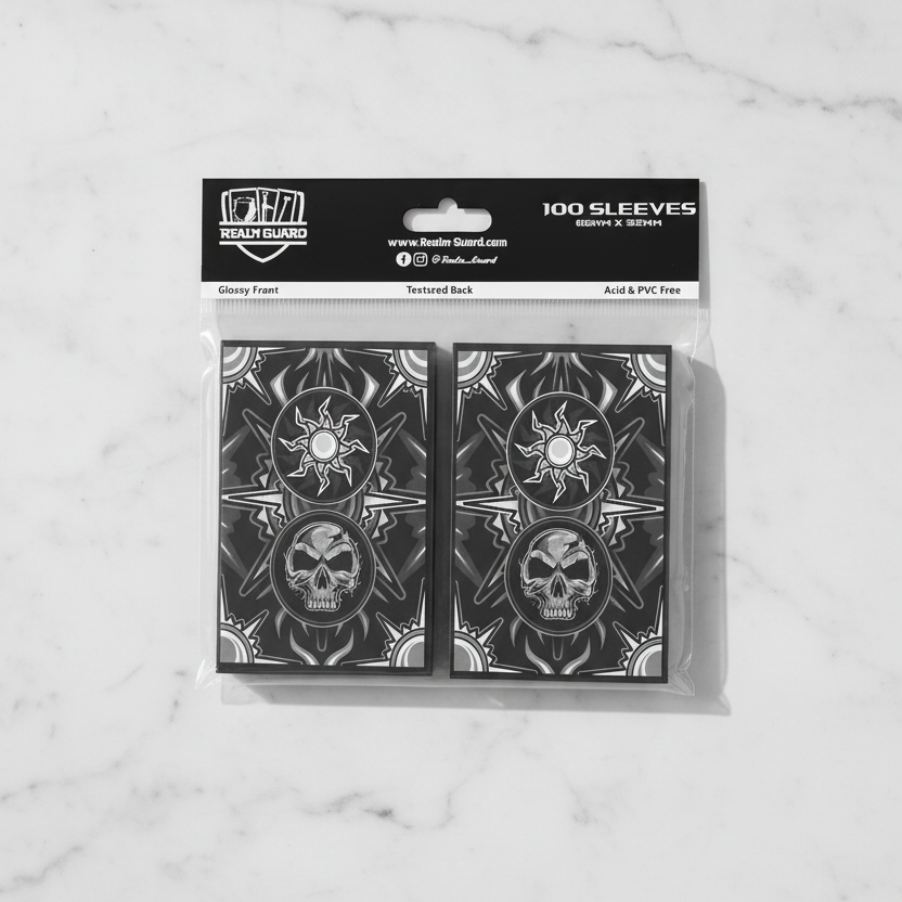 Pack of card sleeves with white black mana design on a white background
