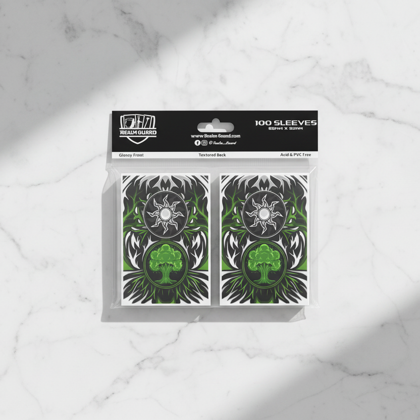 Pack of card sleeves with green and black design on a white background