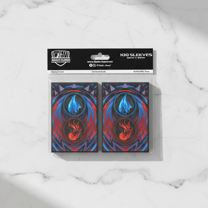Pack of card sleeves with a blue red mana design on a white background