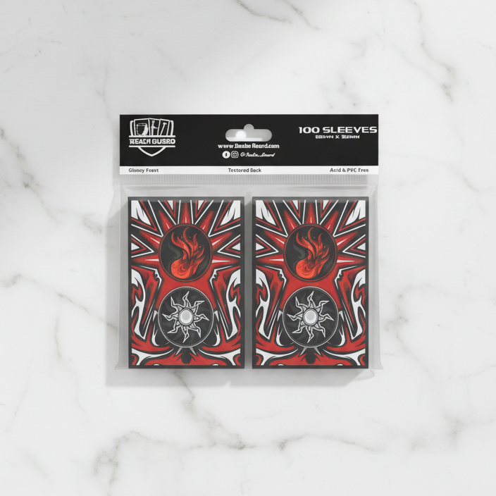 Pack of card sleeves with red and black design on a white background
