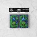 Pack of card sleeves with blue green mana design on a white background