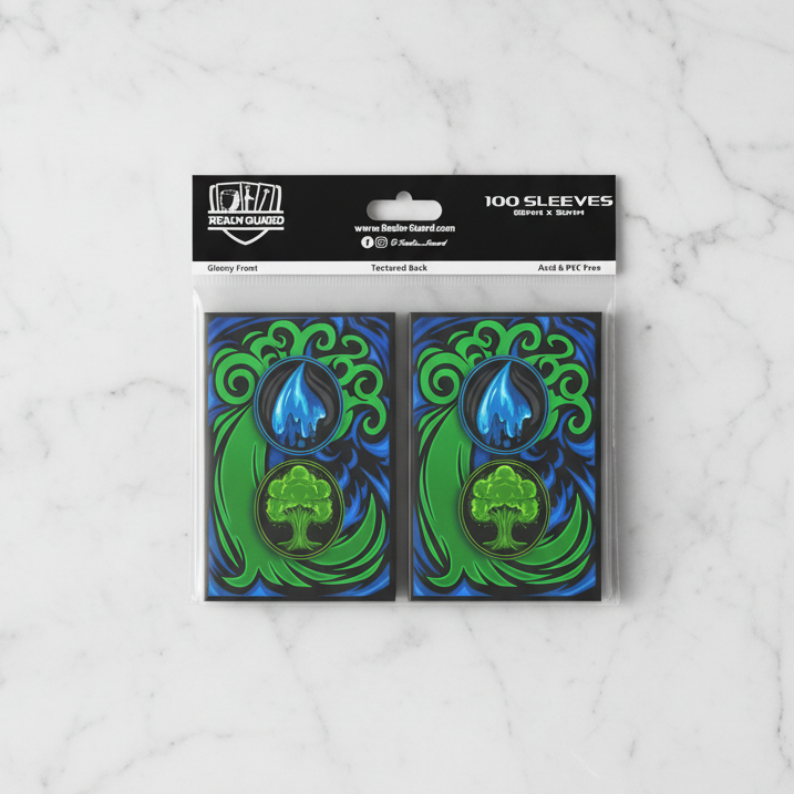 Pack of card sleeves with blue green mana design on a white background
