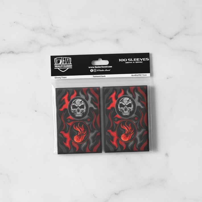 Pack of card sleeves with black red mana design on a white background