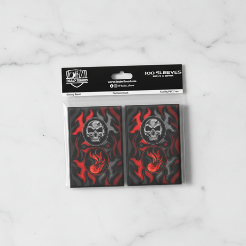 Pack of card sleeves with black red mana design on a white background