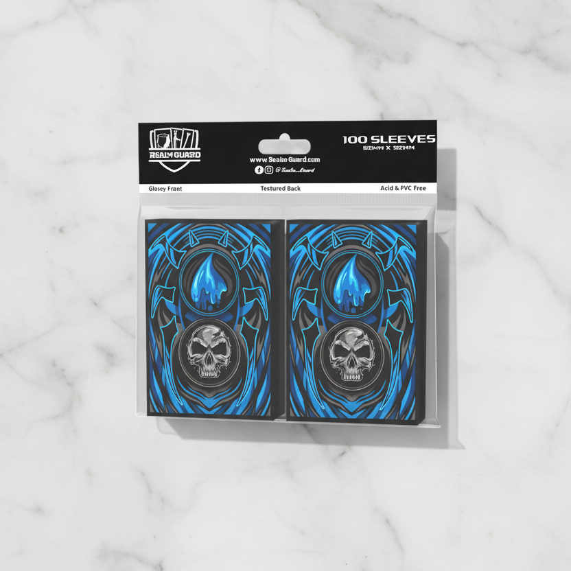 Pack of card sleeves with blue black mana design on a white background