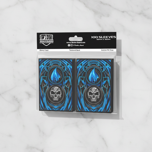Pack of card sleeves with blue black mana design on a white background