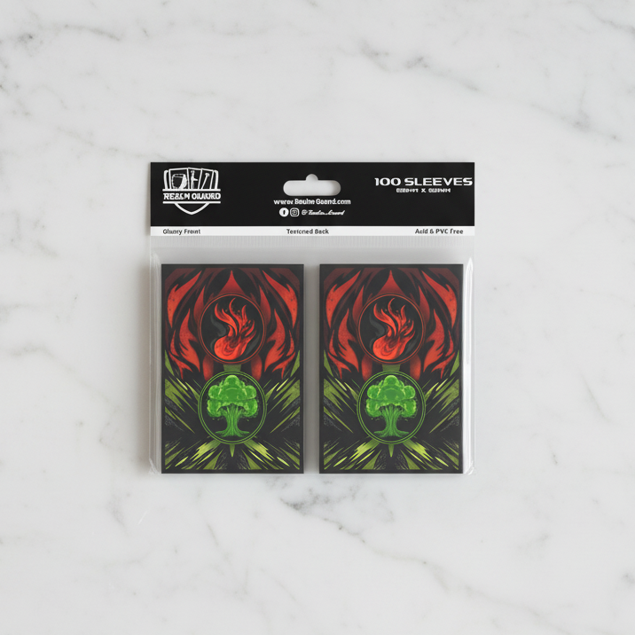 Pack of trading card sleeves with a red green mana design on a white background
