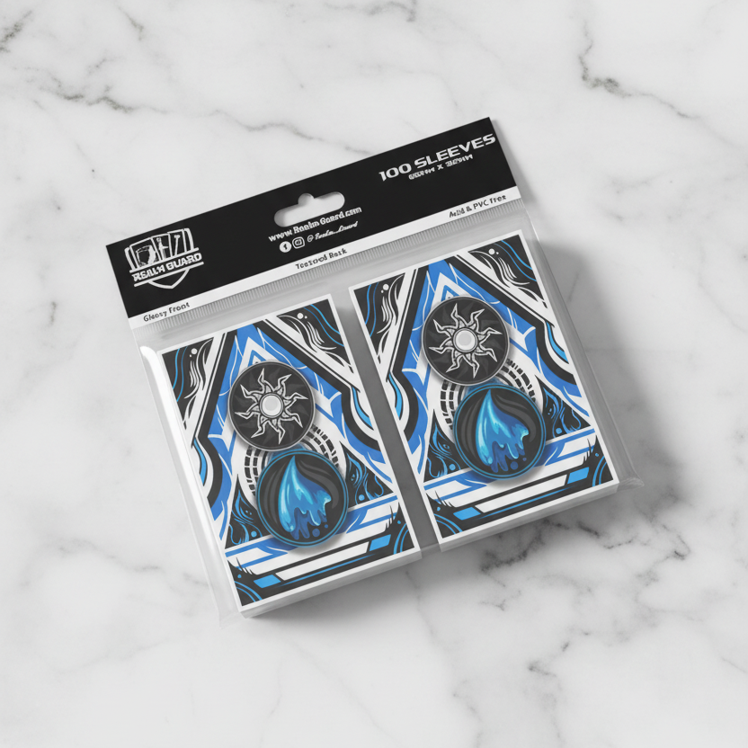 Pack of card sleeves with a white blue mana design on a white background