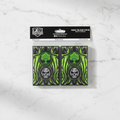 Pack of card sleeves with green black mana design on a white background