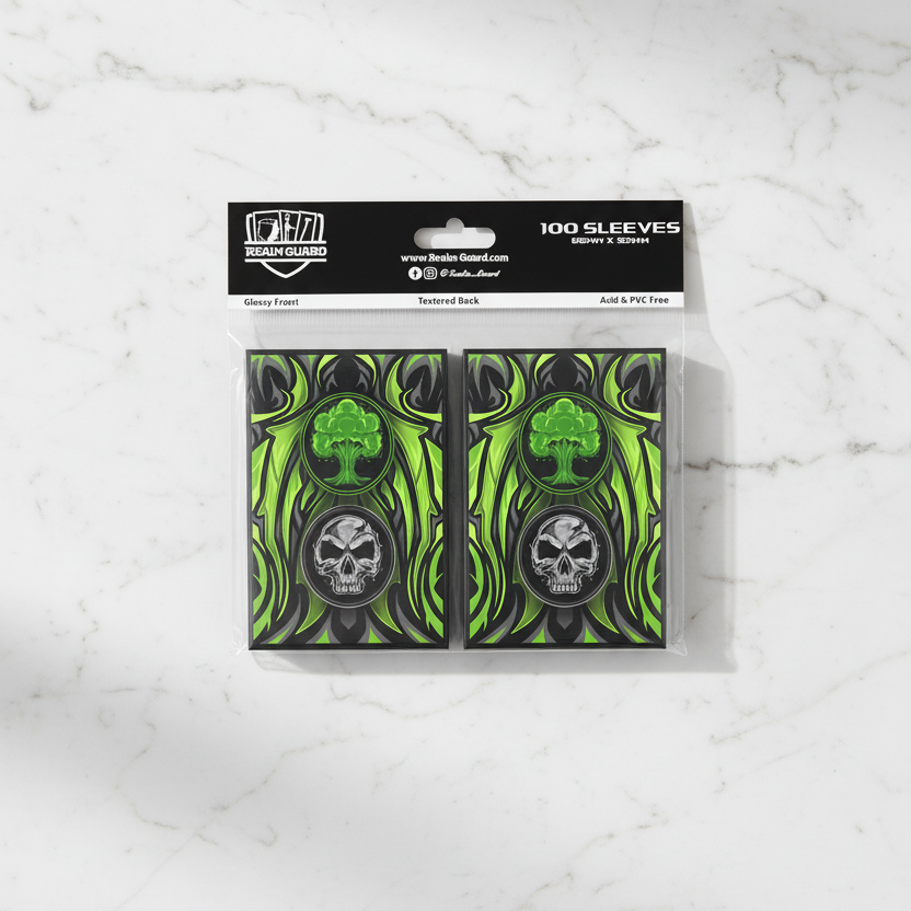 Pack of card sleeves with green black mana design on a white background