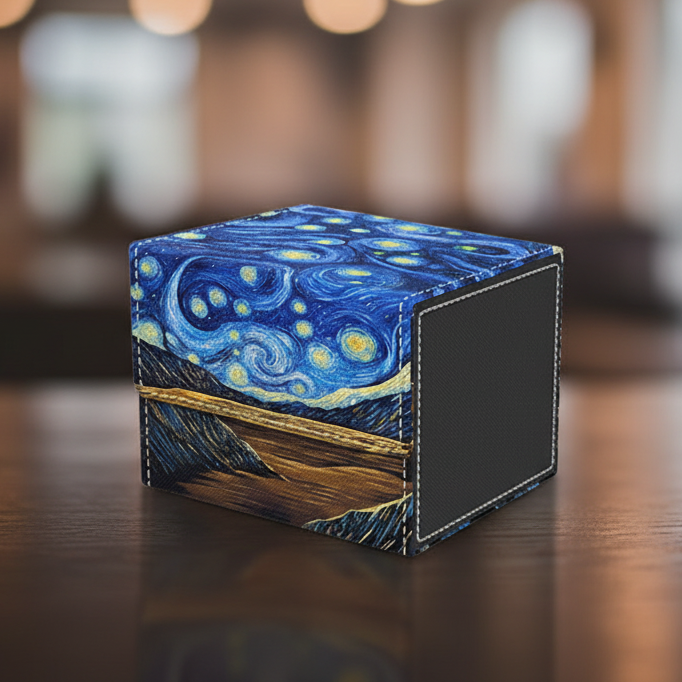 Cube-shaped box with 'Starry Night' design on a white background