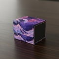 Cube with a stylized purple wave design on a white background
