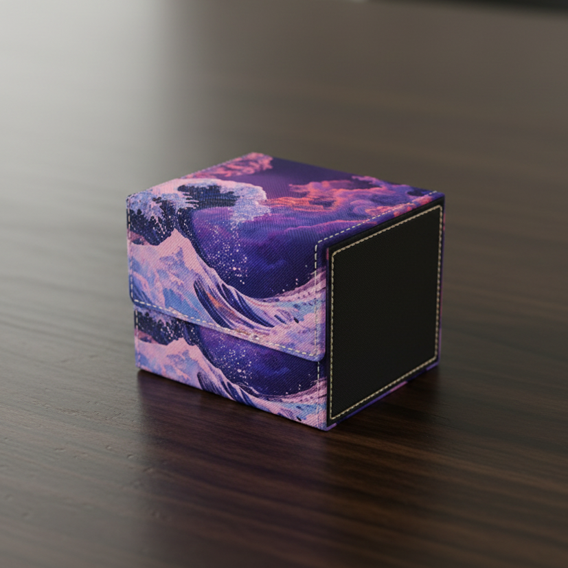Cube with a stylized purple wave design on a white background