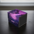 Purple and black box with a scenic design on a light gray background