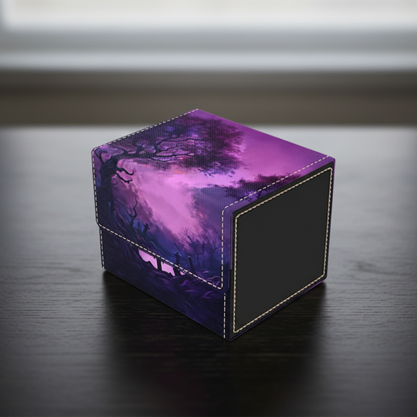 Purple and black box with a scenic design on a light gray background