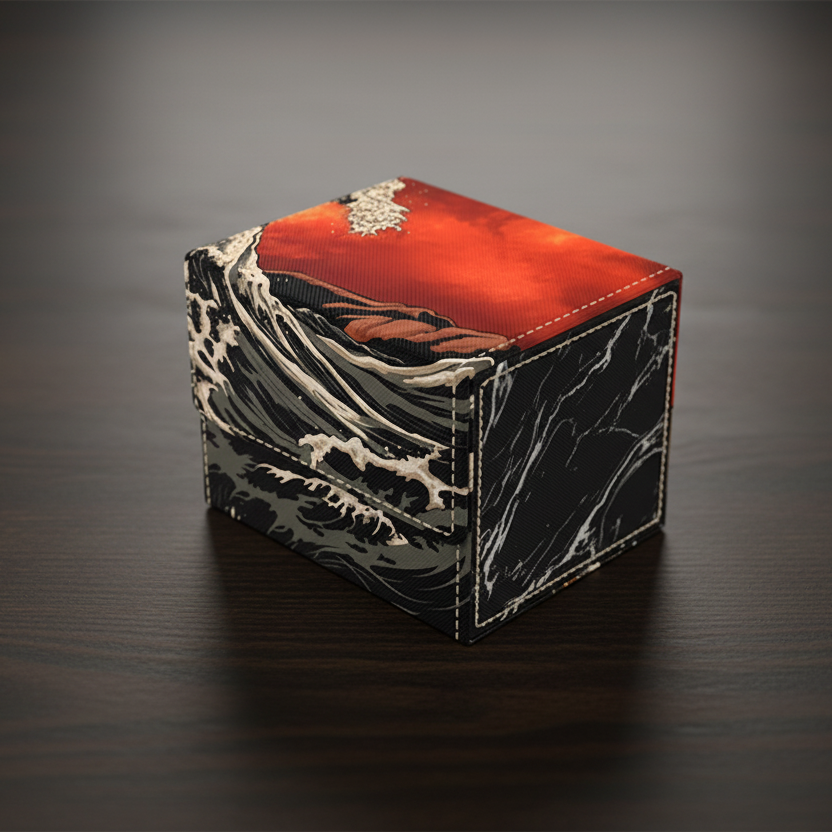 Decorative box with red wave design on a light gray background