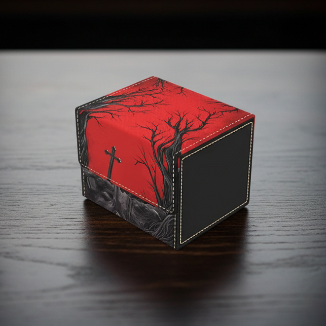 Red and black box with tree design on a gray background