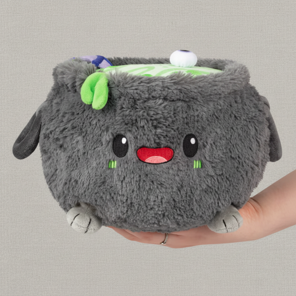 Plush toy resembling a cute, gray creature with a red mouth held in a hand against a white background