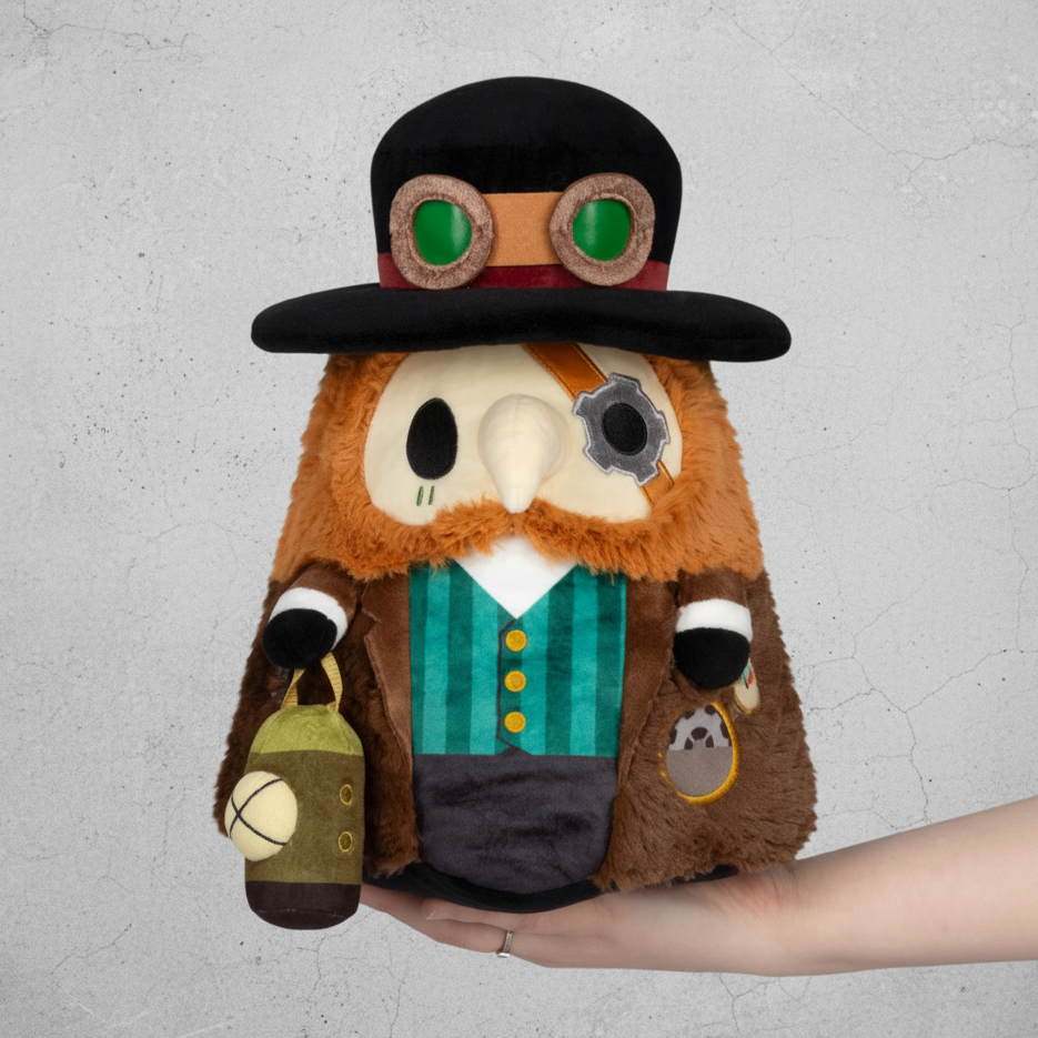 Steampunk-themed plush toy held in a hand against a white background
