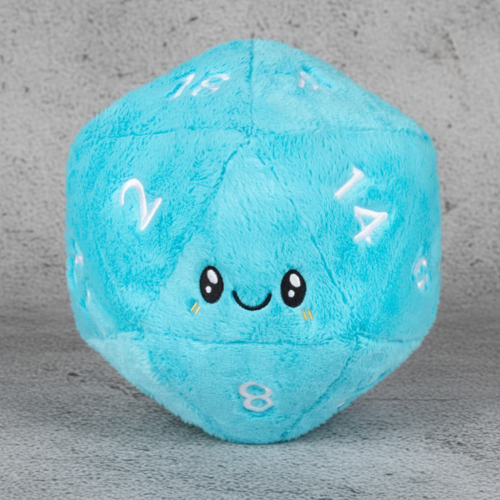 Blue plush D20 dice with a face on a white background