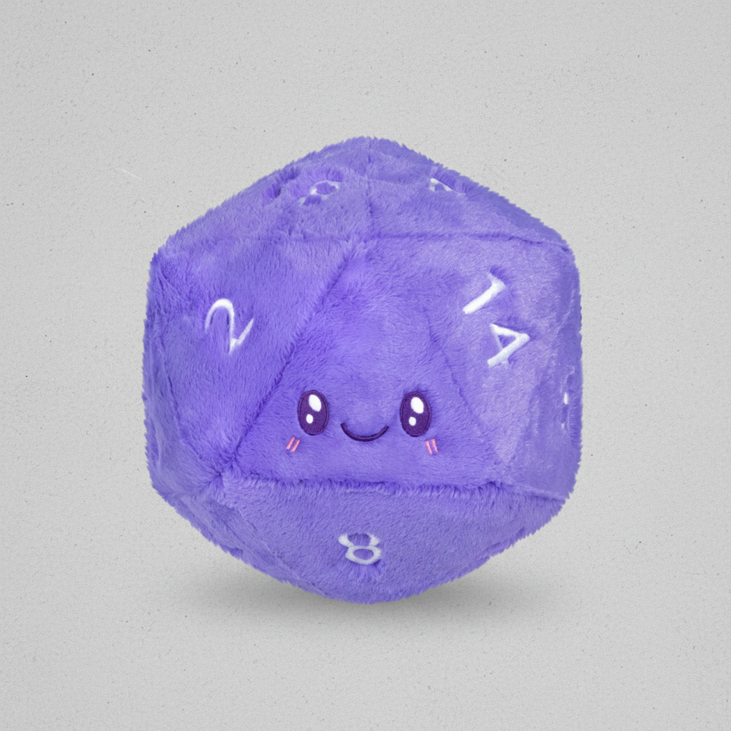 Plush dice with a face on a white background