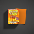 Dragon Shield Orange Matte card sleeves shown with the retail box in front and a single orange sleeve behind it on a dark gray background.