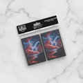 Packaging of card sleeves with a design of lightning over water on a white background