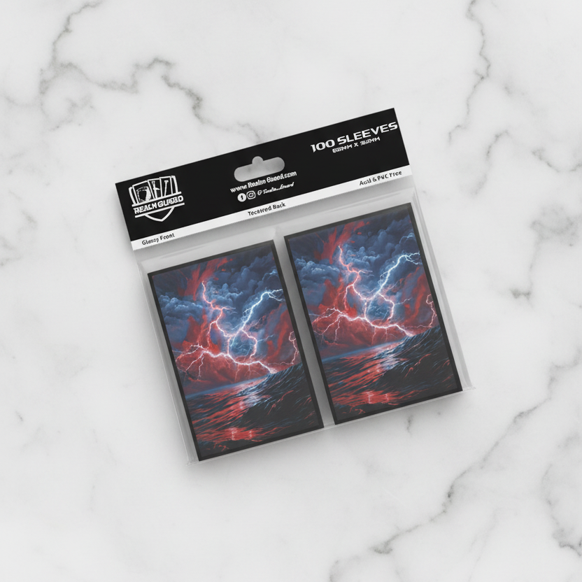 Packaging of card sleeves with a design of lightning over water on a white background