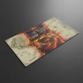 Playmat with 'The Ring' design featuring a golden ring and fiery background, accompanied by its packaging.