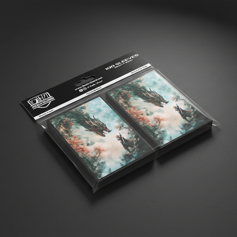 Pack of card sleeves with dragon and warrior design, brand 'Real Guard' visible.