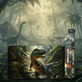 Dinosaur-themed playmat packaging with text about a soft textured surface for safe card play.