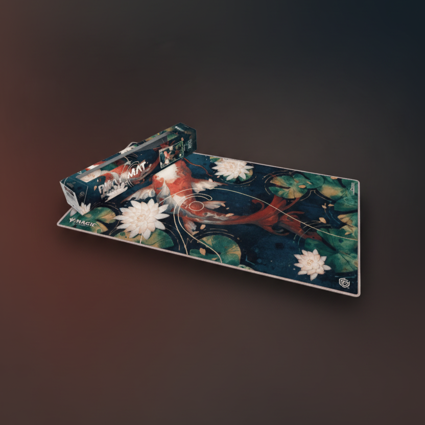 Decorative mat with floral and fish design on a dark background