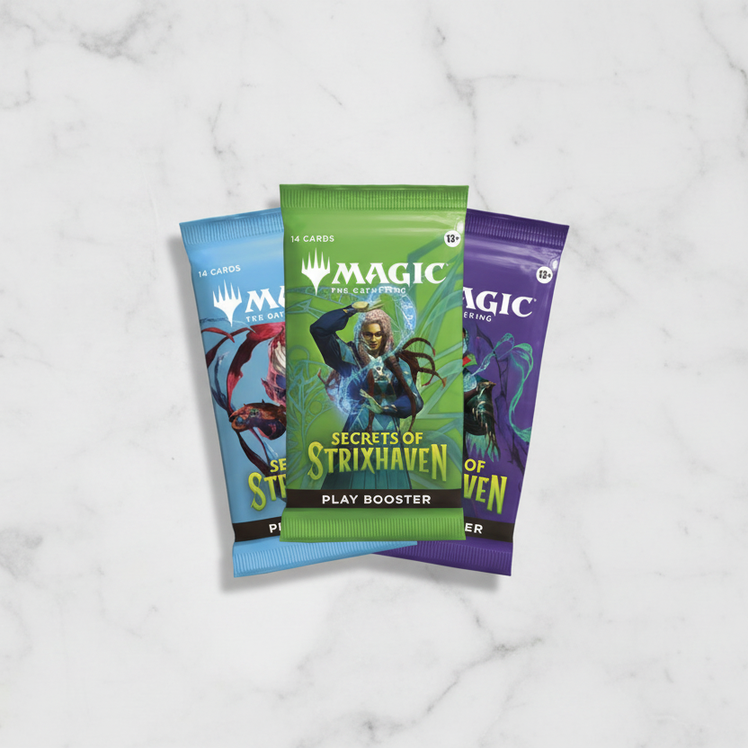Three 'Magic: The Gathering' trading card game booster packs on a white background.