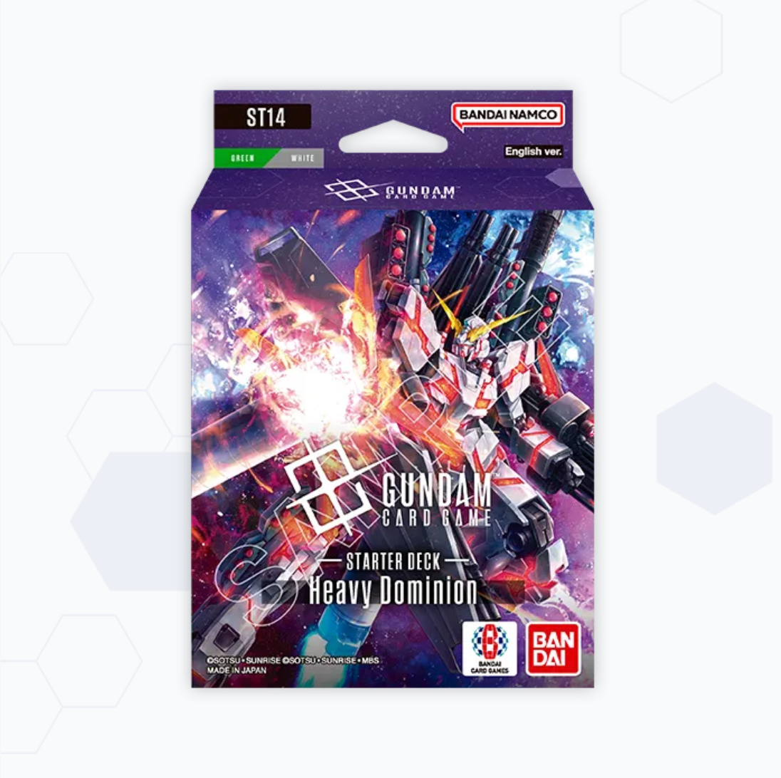 Bandai Namco Gundam Card Game Starter Deck Heavy Dominion English ver. ST14 box art, featuring a Gundam mecha in a space battle on a purple and blue background.