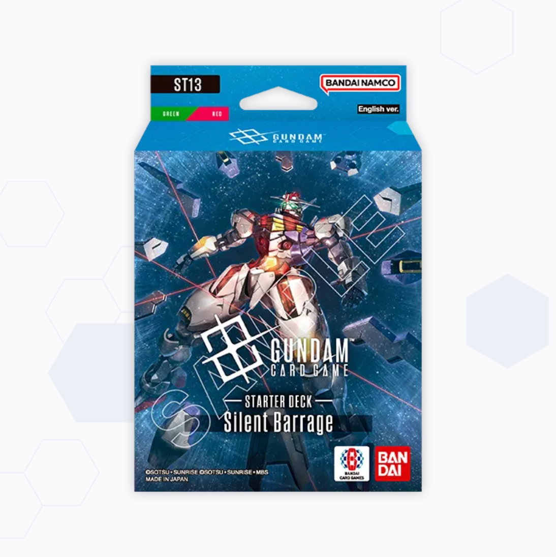 Bandai Namco Gundam Card Game Starter Deck Silent Barrage ST13 card deck box, featuring a blue space-themed illustration of a Gundam robot with red, white, and orange details.