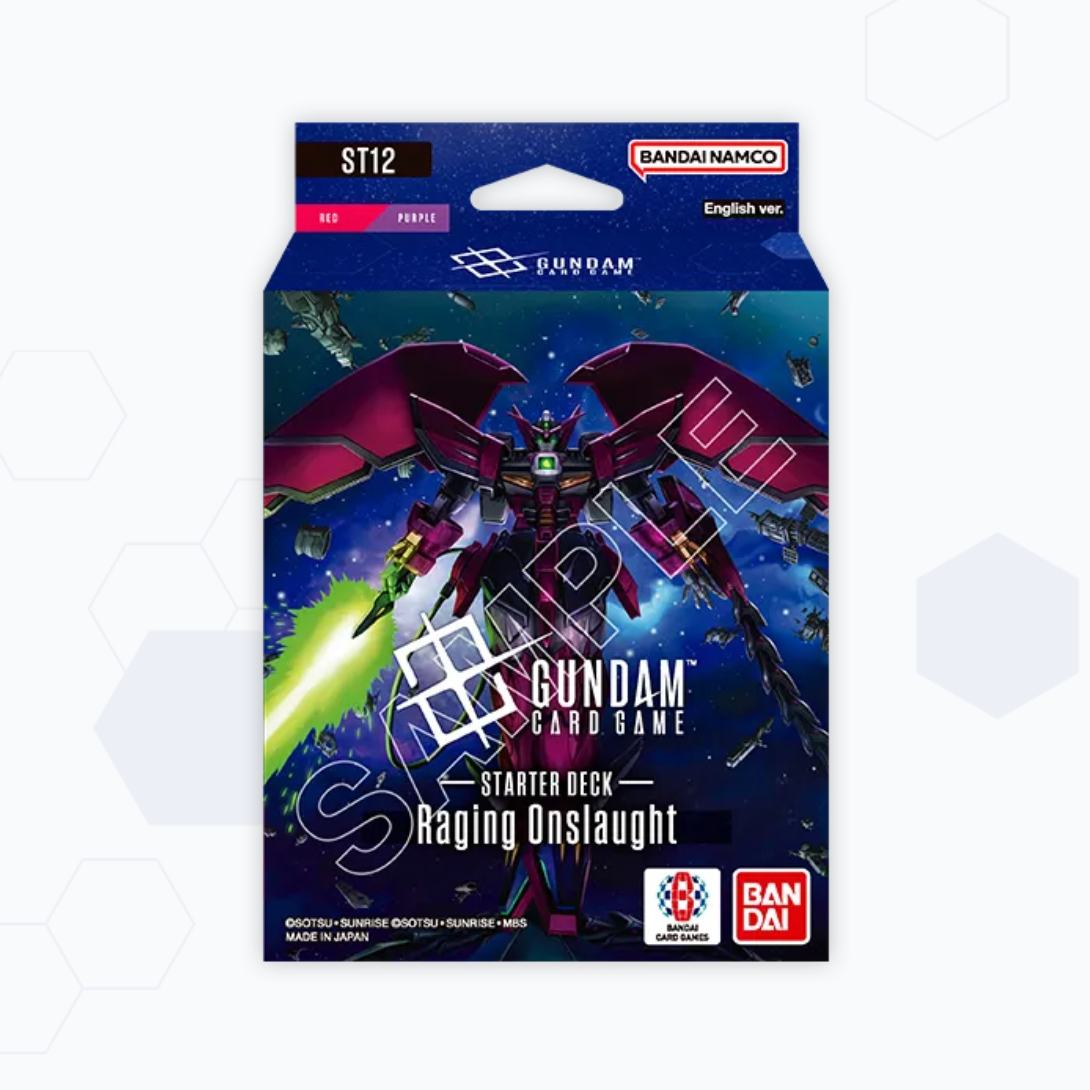 Bandai Namco Gundam Card Game Starter Deck Raging Onslaught ST12 English ver. box art, featuring a dark blue space background with a red and black mecha and a green laser effect.