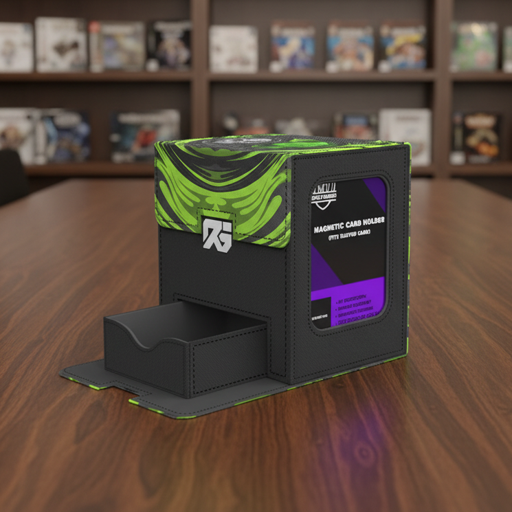 Magnetic card holder with green and black design on a gray background