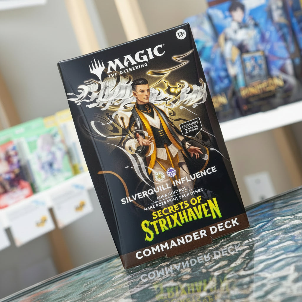 Card game box for 'Secrets of Strixhaven' with character illustration on a blurred background