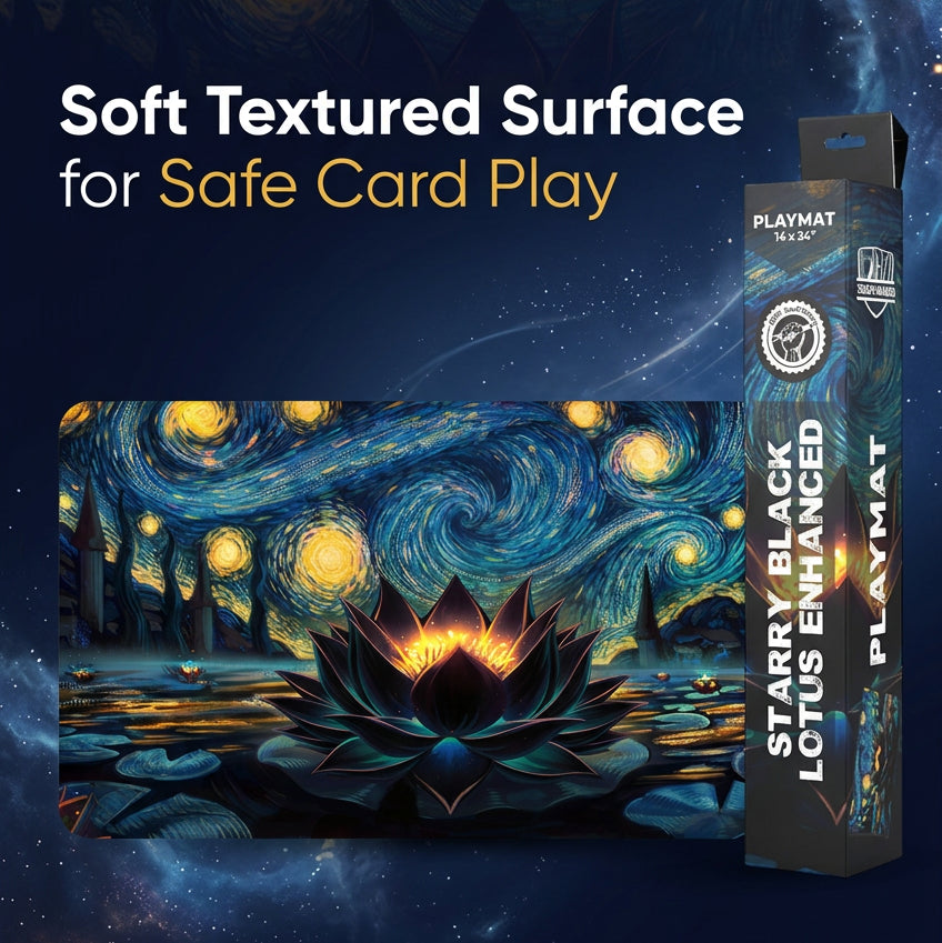 A PLAYMAT branded product card and packaging shown on a dark promotional background. The card features a swirling blue and yellow night-sky artwork with a glowing lotus flower, and the packaging reads 'STARRY BLACK LOTUS ENHANCED' and 'PLAYMAT'.