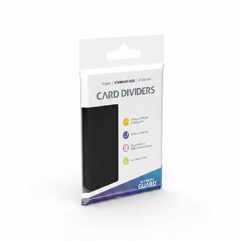 Packaging of card dividers with product details on a white background