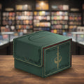 Green leather-bound book with gold embossed design on a white background