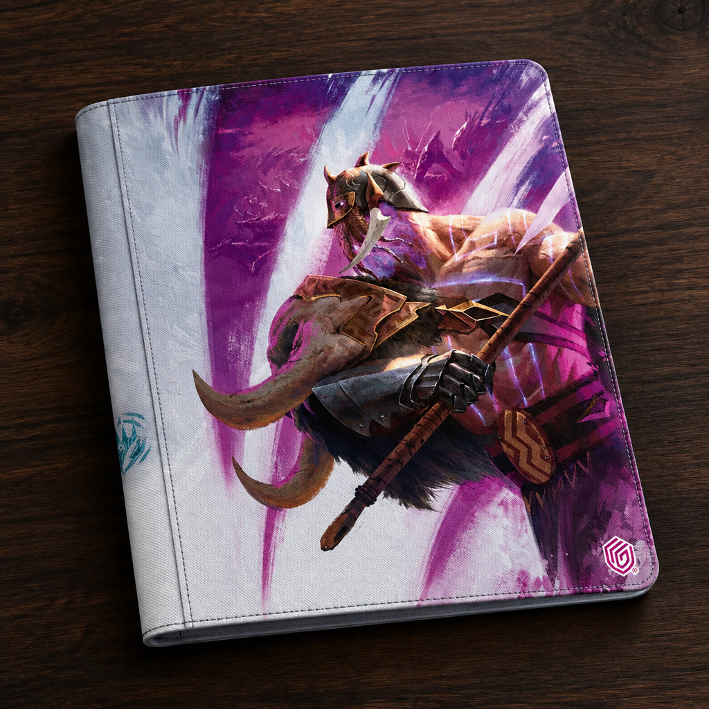 A hardcover notebook or journal featuring a vibrant fantasy illustration of a horned warrior holding a spear, set against a purple and white background with a small stylized logo in the bottom right corner.