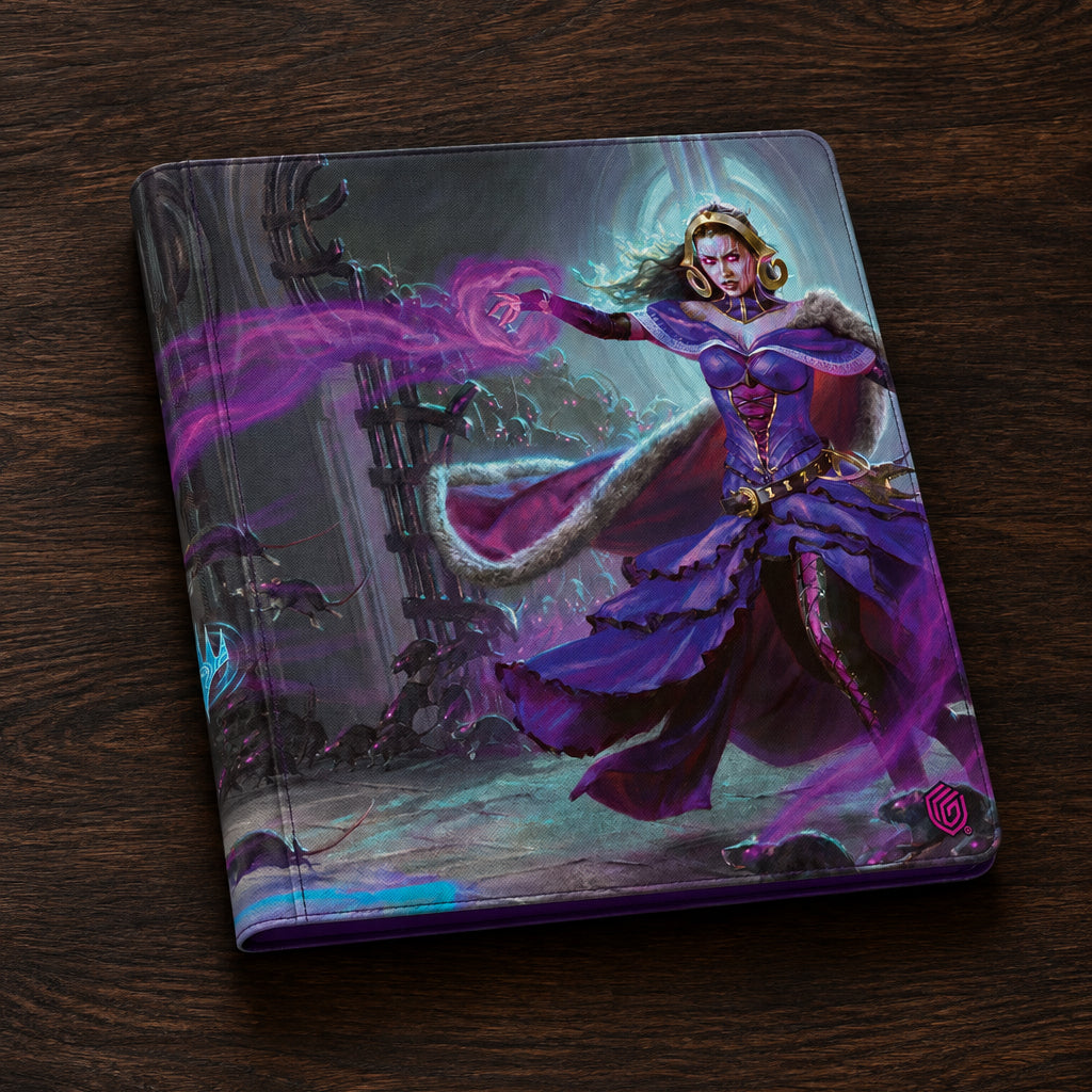 A square collectible card or mini-art print featuring fantasy artwork of a woman in a flowing purple gown with a fur-trimmed cloak, casting a purple magical effect in a dark, gothic setting. The card is shown at an angle against a plain white background.