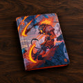 A hardcover notebook or journal featuring a detailed fantasy illustration of a fiery wolf-like warrior on the cover, shown at an angle against a plain white background.