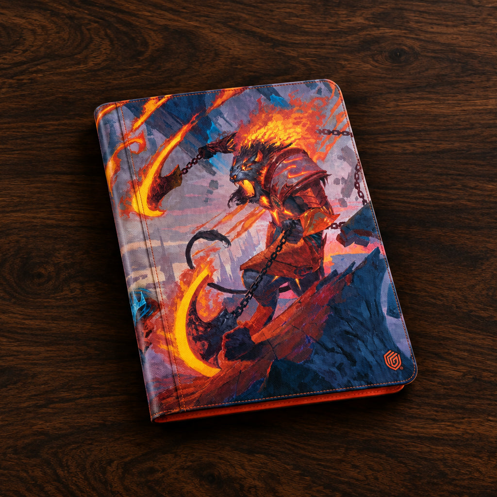 A hardcover notebook or journal featuring a detailed fantasy illustration of a fiery wolf-like warrior on the cover, shown at an angle against a plain white background.