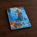 A hardcover notebook or journal featuring a fantasy illustration of a female archer with glowing blue energy effects, set against a plain white background.