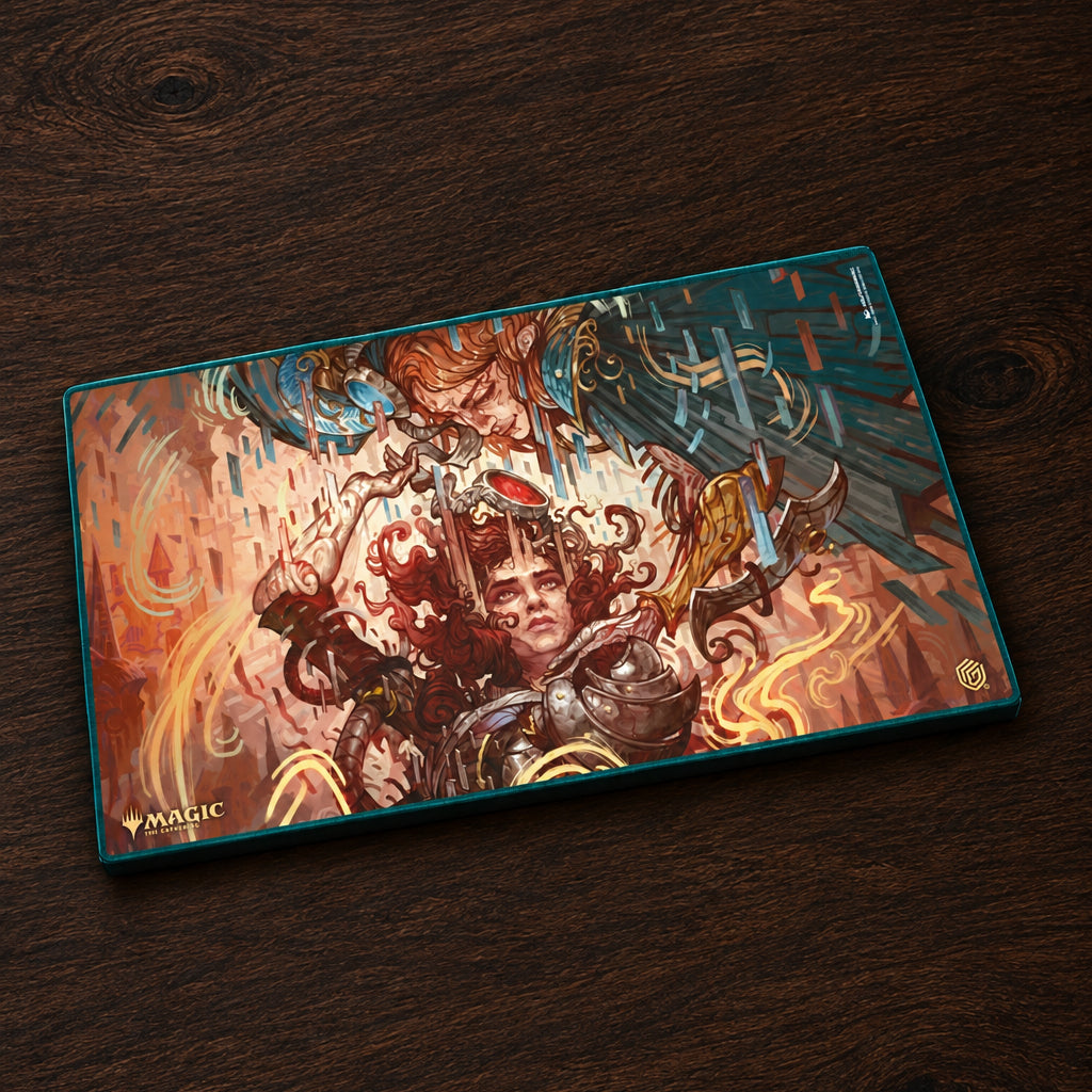 Magic: The Gathering playmat featuring a detailed fantasy illustration of a warrior with red hair and a sword, surrounded by fiery orange and blue elements, shown on a plain white background.